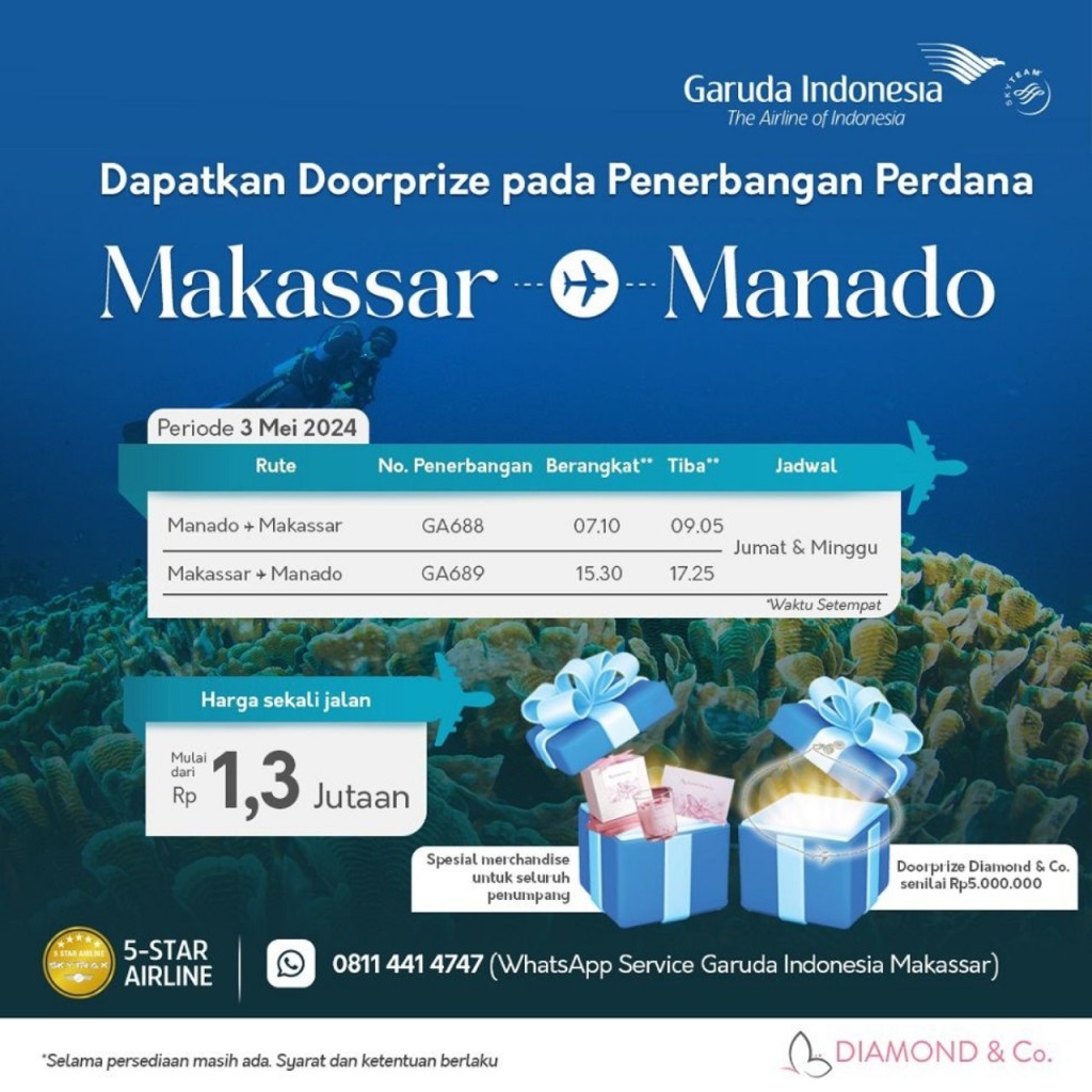 Mulai 3 Mei 2024, Garuda Indonesia Buka Rute Makassar – Manado PP, Tawarkan Tiket Promo Berhadiah Berlian